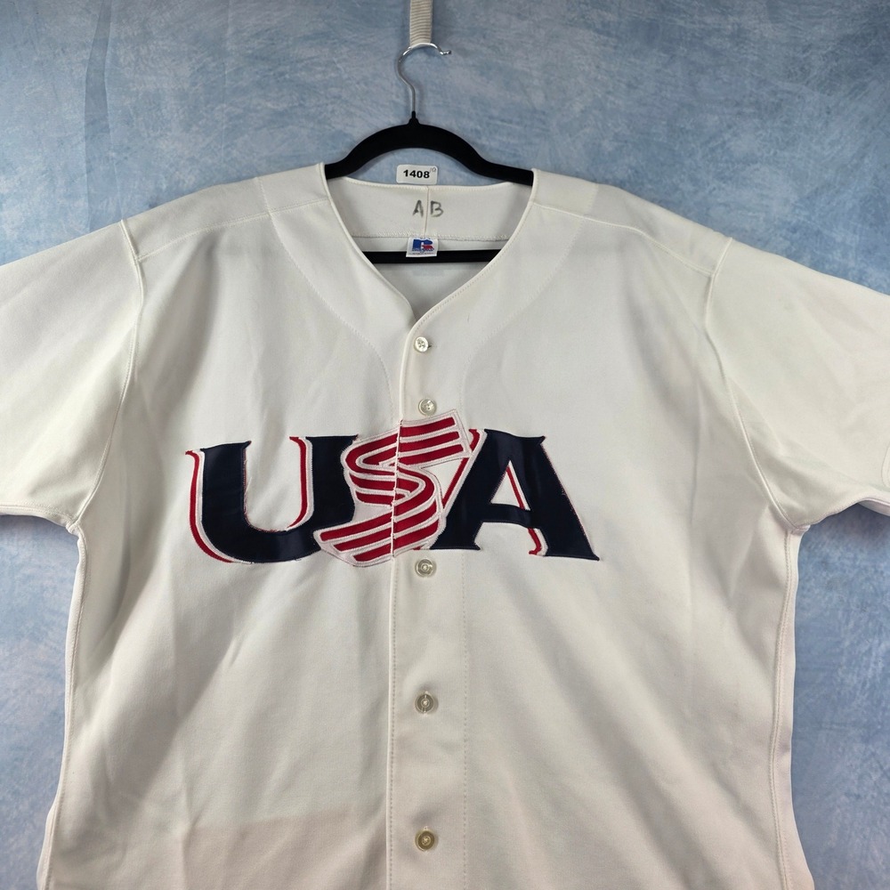 Vintage Russell Athletic USA Baseball Jersey Mens 48 White Button Up Made in USA - Picture 3 of 13
